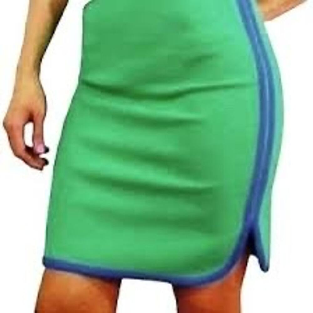 Cremieux Green Blue Trim Stretch Knit Sporty Stripe Pencil Skirt Sz